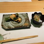 上野 榮 - そら豆と鱒の焼き物、タコとナスの和え物