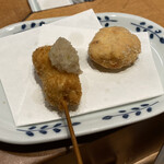 串あげ青田風 - 総州古白鶏 生姜ソース、桜海老のがんも