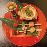 Kappou Tamai - ふくだち煮浸し 飯蛸山葵ゼリーかけ 串打ち二種