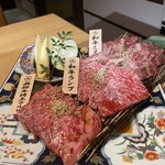 炭火焼肉 伏見屋 飛騨牛別邸 - 黒毛和牛3種盛合せ（ミスジ、上カルビ、ランプ）