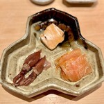 鮨 はしもと - 2023.4.  鮟肝・真加治木の生ハム・蛍烏賊の味噌漬け