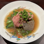 料理屋 植むら - 神戸牛しゃぶしゃぶ　
      付け合わせ　のらぼう菜　九条葱　下仁田蒟蒻