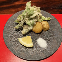 賛否両論 - こしあぶら天ぷら、ホタルイカの磯辺揚げ、じゃがいも素揚げ