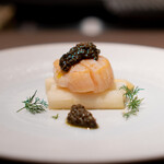 Kobe Gyuu Rogama Sumiyaki Steak IDEA Ginza - Aomori Scallops and White Asparagus from the Loire Valley with Tapenade Sauce