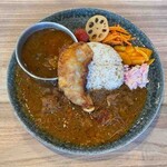 カリーアンダーソン - あいがけカレー(アンダーソンチキン、梅とかぶのポーク)＋かしわ天