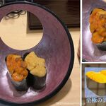 廻転鮨 銀座おのでら - バフンとキタムラサキ。溶けているのが残念。廻転鮨おのでら本店(渋谷区)食彩品館.jp撮影