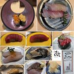廻転鮨 銀座おのでら - 当日の実食一覧。これで7150円はお値打ちだと思いたい。廻転鮨おのでら本店(渋谷区)食彩品館.jp撮影