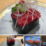 廻転鮨 銀座おのでら - やま幸の本マグロ中落。廻転鮨おのでら本店(渋谷区)食彩品館.jp撮影