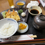 Babaten - 天ぷら御飯　天ぷら(皿の上のゴルフボールみたいな大根おろし)、お吸い物、御飯(少な目)