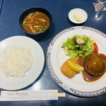 Fujiya - 帆立とエビのクリームコロッケ(カレー風味)とハンバーグの盛合せ定食