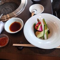 飛騨牛一頭家 馬喰一代 長良本家 - ○野菜サラダ
                    ガラスの蓋を上げると生野菜が姿を現した。
                    
                    只の甘い味噌かと思いきや、
                    徐々に唐辛子の辛味がやって来る味噌で頂いた。
