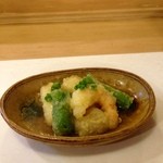 太刀魚、海老、獅子唐のおろし餡掛け