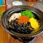寿庵 - 食事　釜出し　かやく御飯　錦糸　葱　海苔　いくら
