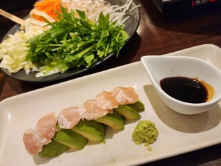 gokujougyuutantosousakuryourikeserampasaran - ささみとアボカドのわさび醤油&牛タンしゃぶしゃぶの野菜(タン撮り忘れ)