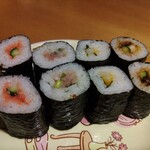 京樽 小岩駅ビル店 - 料理写真:左から、中巻 生たらこ(130円)、中巻 ねぎとろ(130円)、中巻 いか(162円)、中巻 穴きゅう(130円)