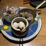 Tosaka-na Dining Gosso - ①白レバースモークオイル漬け　②焼き鳥屋のうずら卵　③おろし鶏水晶