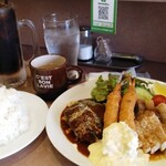 キッチンボウ - トンテキランチ＋ハンバーグ＋海老フライトッピング・ライス大盛り(計1600円)・コーラ(250円)