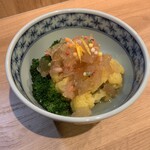 Broccoli and cauliflower dip with sakura shrimp jelly