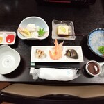 愛ランドふじ本 - 前菜、湯引き、お刺身、玉子豆腐。