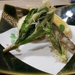 末広寿司 - ◆ 行者にんにく、こしあぶら(山菜の女王)、なすと鮎の天ぷら