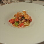 リストランテ カノフィーロ - フルーツトマトとウニ　山ワサビのソース　冷製フェデリーニ