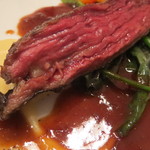 エクアトゥール - 肉：熊本県阿蘇山麓より、馬ハラミのロースト、燻製したエシャロットソースと金時草（加賀野菜）のソテー1