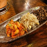 Yokohama Taishuu Yakiniku Motsunikushouten - ナムルとキムチの３種盛り