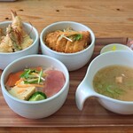 ドン☆ぶり屋 - こまち丼set(海鮮丼、カツ丼、天丼、味噌汁、香物)