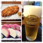 そば処鴨川 - 蕎麦屋で、板わさとさつま揚げをつまみにビール。(^^)

