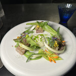 Alternative - ❷仔羊のテリーヌ、甘エビのタルタル、春の野菜、シェーブルチーズのソース。