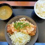 Karayama - 対面のヨメさんオーダーの『梅おろしから揚げ定食』。反対側より上から撮影しました。今年のモデルは当たりでしたね！