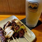 やきとり ばん - 砂肝、鶏ナンコツ、はつ、レバー、しろとキンキンに冷えてる生ビール。