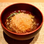 魚菜 基 - 炊物は里芋饅頭、道明寺揚げ、五目餡かけ、青味