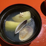 京都和久傳 - 賀茂茄子と浅利玄米だし生姜　お茄子は皮がむいてあって大ぶり　アサリも大きくてもちろんお出汁も美味しかったです