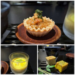 アシェット・ド・マコ - ＊鴨肉挽肉のタルト・・鴨肉のクセを感じず、タルトも硬すぎず美味しい。 ＊春人参のスープ、空豆、炙り帆立・・人参の旨味を活かしたスープで優しい味わい。 ＊あわ麩の田楽、紅はるかの厚焼き・・見た目は似ているように見えますけれど、それぞれのお味は全く違い美味。