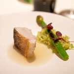 レストラン オオツ - 2023.5 愛媛産白甘鯛 蛤出汁ソース ネギ坊主 キャベツ