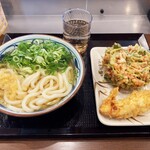 丸亀製麺 - かけうどん大と三つ葉と小えびのかきあげとかしわ天