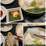 四季彩ダイニング　春 - ◯お造り盛り合わせ〜余市のあん肝ポン酢とお塩で〜
      …平目、カワハギ、皆さんはボタン海老ですが、
      私はアオリイカ。あん肝ポン酢だけで、日本酒がすすみます〜！！イカは飾り包丁が入っていて、柔らかくて甘い！