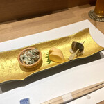 名駅 鮨 天野 - 前菜三種(菊名の白和、海老のしんじょ、バイ貝うま煮)