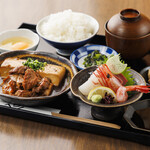 Meat tofu and sashimi meal