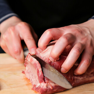 The highest quality Wagyu beef, Omi beef, is hand-cut in-store by a craftsman with a background in Japanese Cuisine