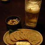 Kyuushuu Umaimonto Shouchuu Imozou - ビールとお通しの酢もつとからしれんこん
