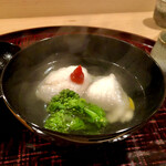 多仁本 - 鮎魚女の葛叩きと菜の花のお椀　香り立ちます