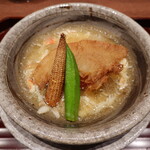 廣澤 - 鱶鰭唐揚げ、毛蟹餡掛け土鍋煮込み、山科のトマト添え