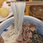 手造りうどん 楽々 - うどん！初めての食感かも。表面はツルツルと柔らかい感じなのに噛むと凄い弾力(コシ)があり本数を多く含むと噛み切れなかった！量は不安で中盛にしたけどすごく美味いから余裕で大盛いける←個人の意見です