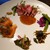 洋食 つばき - 料理写真:(前菜)一番上から時計逆回りにローストビーフとパセリの花▶大根のさや▶スモークサーモン▶スイスチャード▶花わさび▶紫キャベツ▶さやえんどうのおひたし