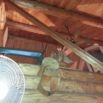 ほっとステーション基山 - 天井は普通の扇風機とログハウスに似合う室内扇も設置・・・帆船も置いてありますが、目立たないス・・・