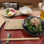 Yakitori Torisei - エビス生、サラダ、香の物（糠漬け）、おろしポン酢（口直し）