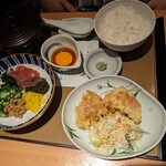 やよい軒 - チビが頼んだ、アカモクねばとろ とり天定食(税込990→アプリのクーポンで960円)