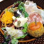 Trattoria Hosokawa - 前菜盛り合わせ、
            自家製スライス生ハム、イカスミコロッケ、ニンジンラペ、とうもろこしムース、アジ?のカルパッチョなど